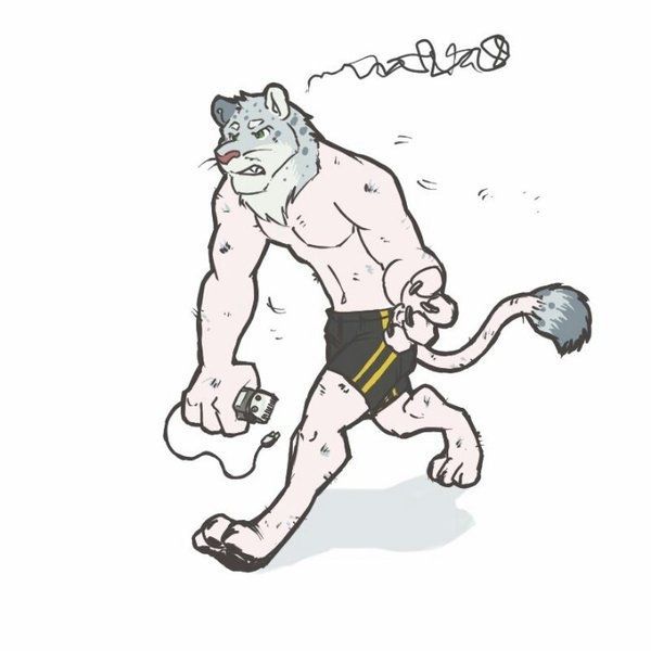 Kieran looking quite angry with little angry squiggles coming out of his head. His arms, legs, torso, and most of the tail have been shaved clean. All that's left is head fluff and the tip of his tail. A lion haircut! He's wearing underwear. He's holding an electric razor and his claws are out 