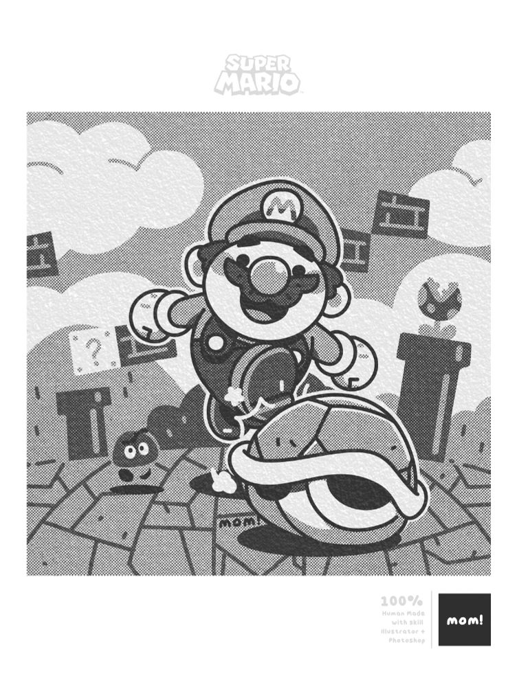 Black and white halftone-style artwork of Mario from Super Mario, mid-jump while kicking a Koopa shell across a stylized platformer background. Classic Nintendo blocks, clouds, and a Goomba are visible in the scene. The style mimics retro manga with heavy texture, bold shapes, and comic energy.