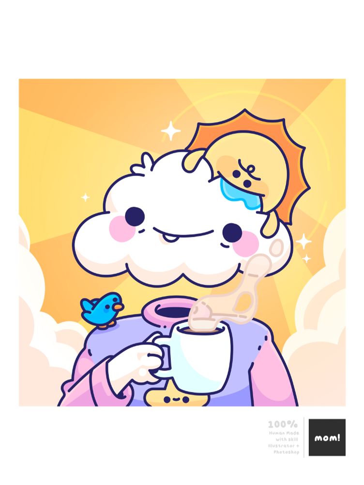 A cheerful cloud-headed character drinks coffee while a sleepy sun leans on their head. The sun and a small blue bird perch on the character’s head and shoulder. The background is a bright yellow sunrise with rays beaming through fluffy clouds, and the character wears a cozy purple sweater with a smiling star.