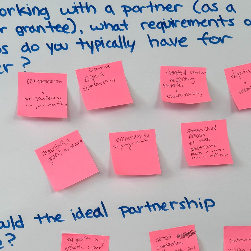 Close-up of community input being gathered on posters using sticky notes.