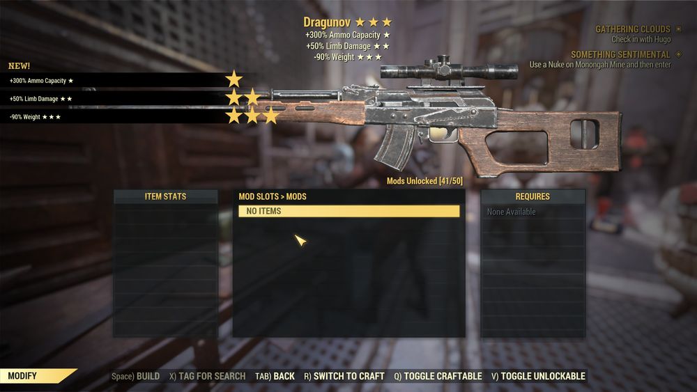 This is a handmade rifle made to be like the Dragunov marksman rifle, witha 20 round quick reload magazine (fun fact the drum mag which usually holds 75 rounds in the real world only holds 30, while the magazines that look like they hold 30 hold 25.). The legendary effects here are: +300% magazine capacity (taking it from a 20 shots to a stunning 80), +50% limb damage and -90% weight