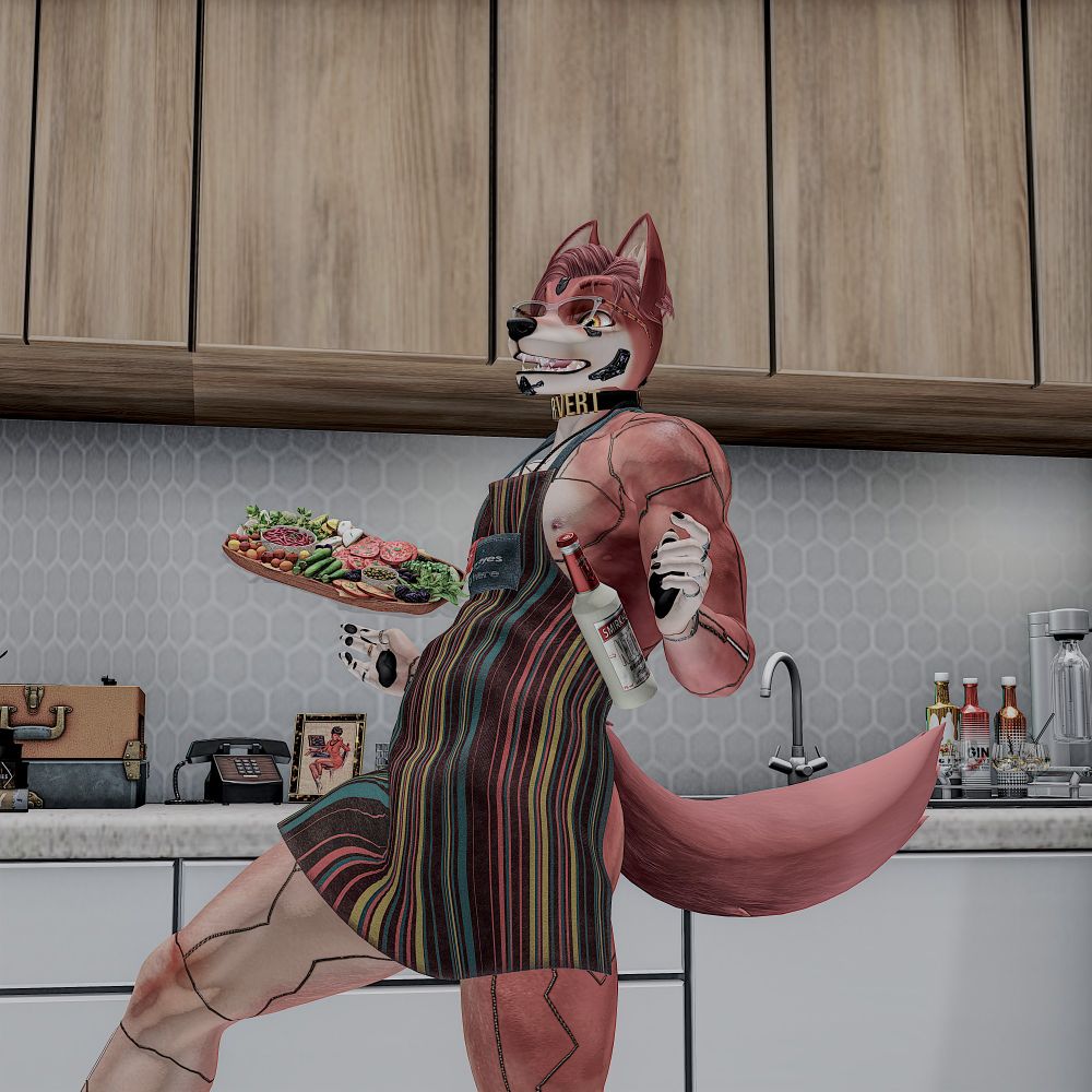 spooked anthro paprika colored dog at a kitchen with side salad and booze bottle flying off his hand, while wearing nothing but an apron