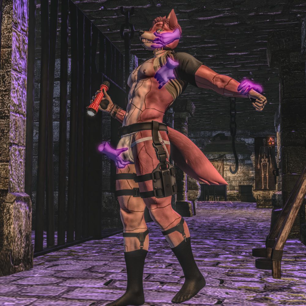 anthro cyber paprika colored dog beein caught by hewd/horny ghost hands while ina dungeon