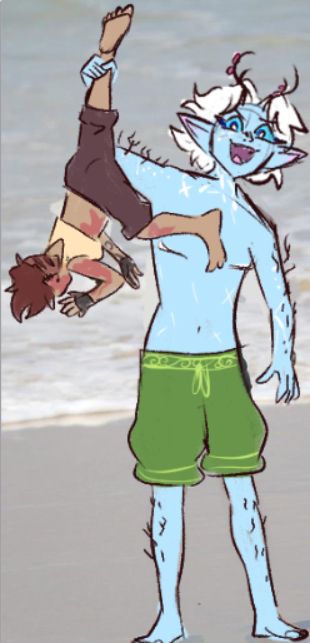 Draw-over of that one photo of Chris Hemsworth holding up his son at the beach by his leg except this time Chris is a tall blue-skinned eladrin elf with fluffy white hair and birch twigs growing out of their arms and legs, with two antlers. They're triumphantly holding up a halfling by her  leg