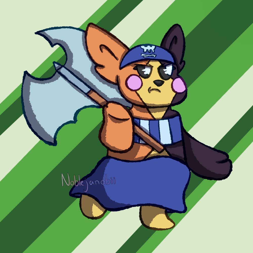 A morpeko wearing a blue skirt, blue and light blue striped chest wrap, and a blue bandanna with a skull on it. She is also wielding an axe over her shoulder.