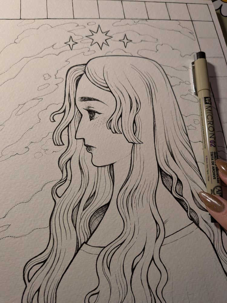 a photograph of a pen and pencil drawing that hasn't been finished yet. the drawing depicts a young woman with long hair in side profile, in front of a cloudy sky. there is a hand holding a pen rested on top of the paper. 