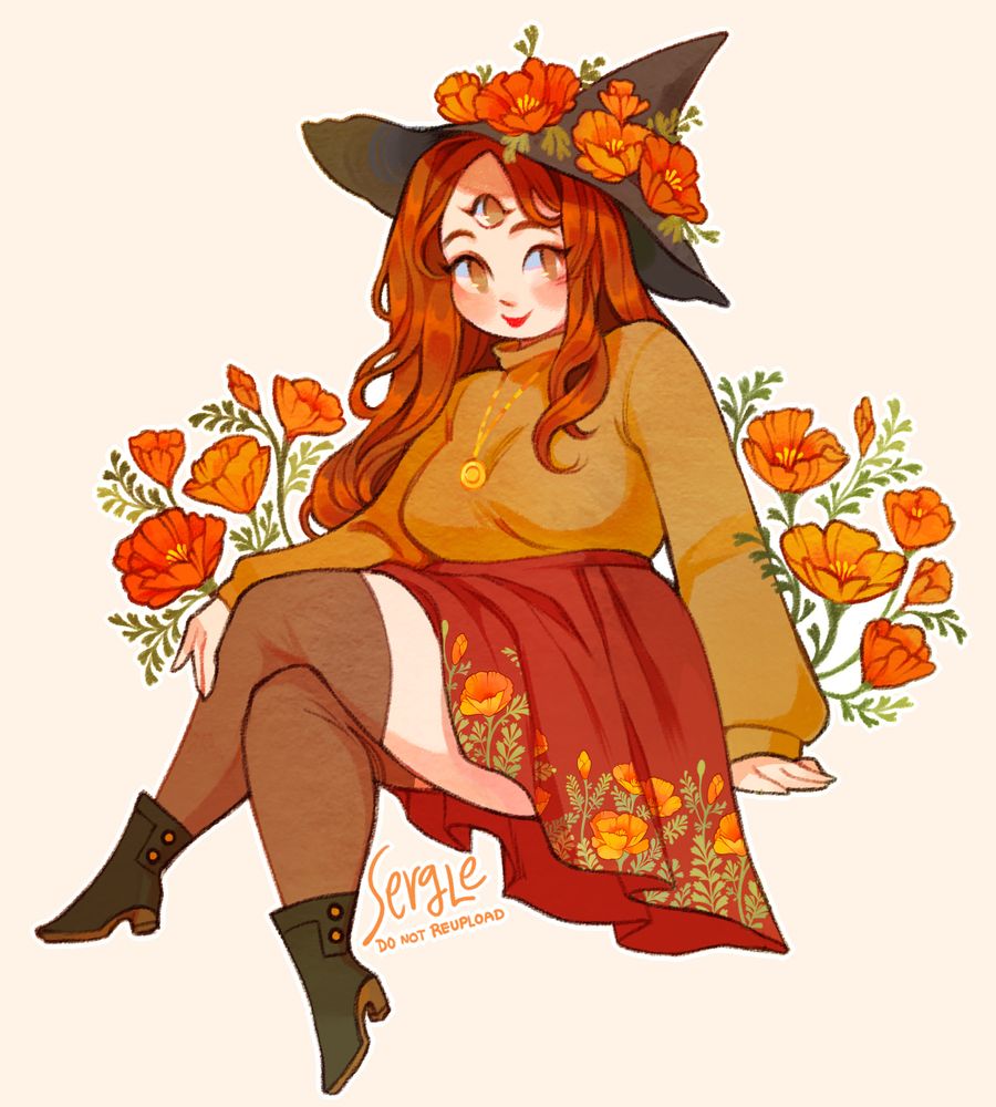 Digital drawing of a curvy witch with long hair and three eyes, one in the middle of her forehead She's wearing a tattered witch hat, a turtleneck sweater with a necklace over it, a skirt with a flower pattern, thigh high tights, and little heeled boots. She's sat among a thicket of flowers, and her hat is also adorned with those flowers.