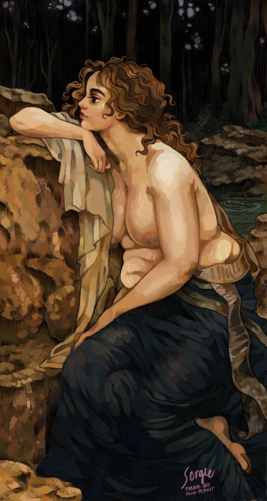 Digital painting of a young woman, leaning against a river-rock with her arm, chin resting on her wrist. She has long hair, loosely pulled back, and is draped with fabric from the waist-down. Behind her is a forest pond, and a dark treeline. 