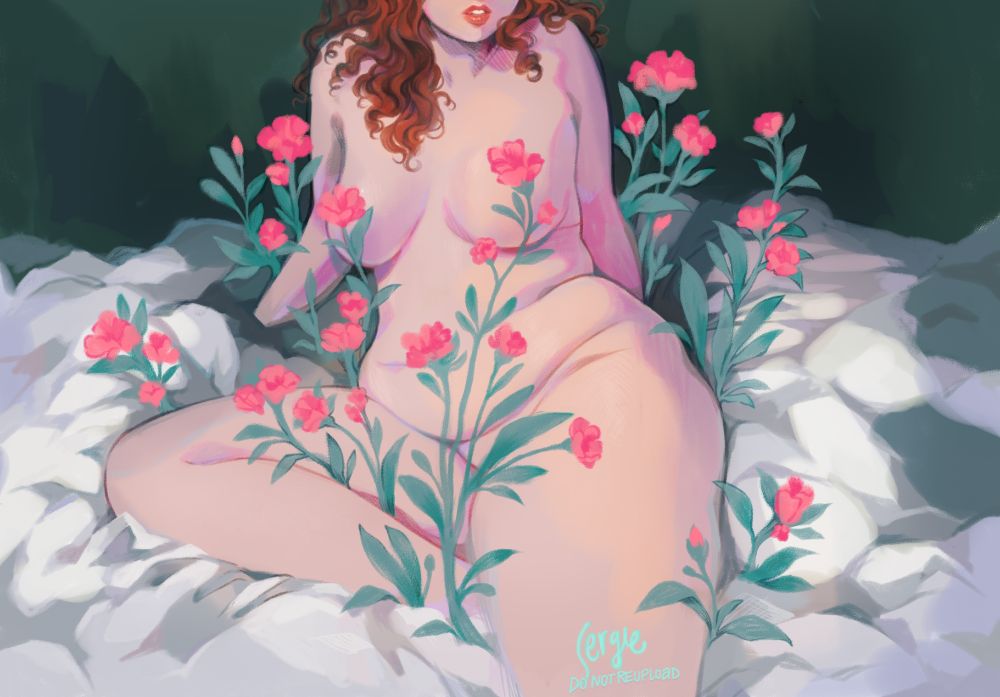 A digital painting of a young fat woman, nude, lounging on a bed, surrounded by a patch of flowers growing around her body. Her face is obscured except for her chin and lips, and she has shoulder-length curly hair. 