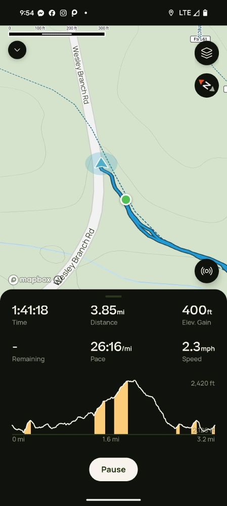A screenshot from the AllTrails app showing a 1:41 time, 3.85 mile trail with 400 ft elevation gain, 26.16 pace, and 2.3 mph average speed.