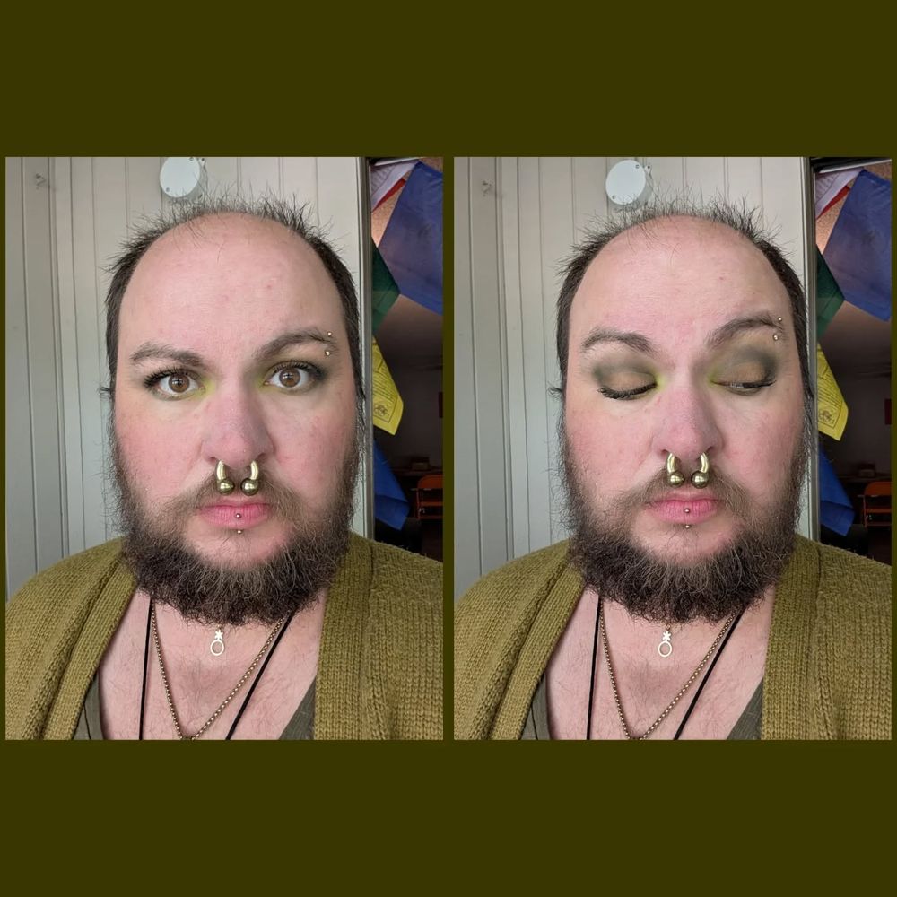 A nonbinary person (fae/they) facing the camera not smiling. The photo is a collage with a photo with eyes open on the left, eyes closed on the right, showing off faer eyeshadow in shades of green. Fae is wearing a dark olive green top and a medium olive green cardigan with layered necklaces and facial piercings, including a large stretched septum.