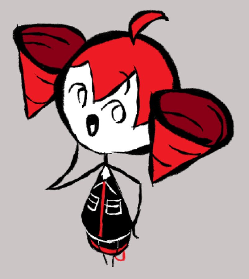 A perspective sketch of Kasane Teto as a stick figure.