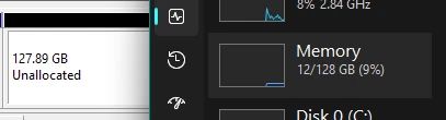 A screenshot of diskmgmt.msc showing a 127.89GB unallocated space, next to Task Manager showing 128GB memory.