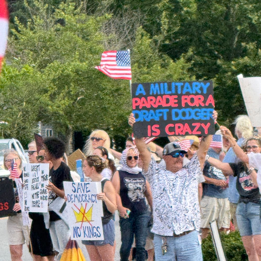 A photo of a protester holding a sign that states “a military parade for a draft dodger is crazy”