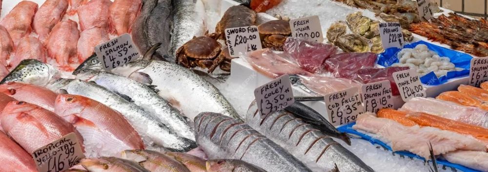 Image of a fishmongers stall showing varieties of fish.