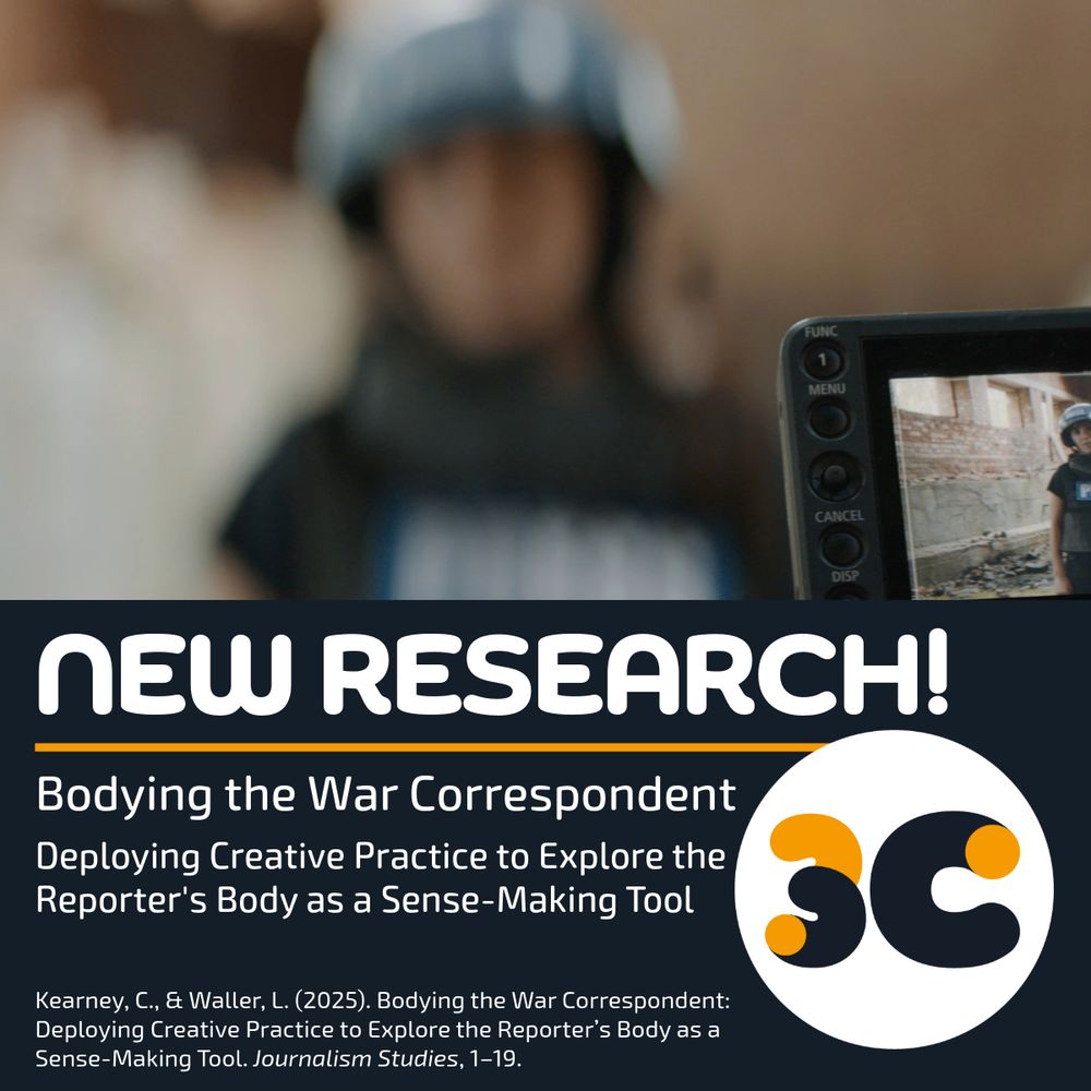A blurred image of a the face and body of a female war correspondent with the viewfinder of a camera in the foreground. The text says "New Research" and " Kearney, C., & Waller, L. (2025). Bodying the War Correspondent: Deploying Creative Practice to Explore the Reporter’s Body as a Sense-Making Tool. Journalism Studies, 1–19”. 