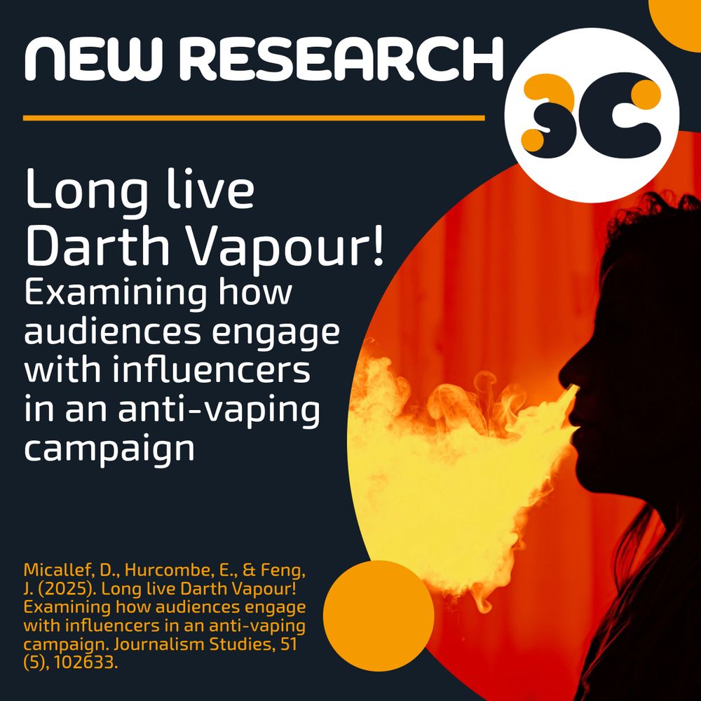 A branded tile with an orange and black logo for 3C. The black silhouette of a woman, seen from the side, with white vapour steaming from her nose and mouth, set against a scarlet red background. The text says "New Research" and "Micallef, D., Hurcombe, E., & Feng, J. (2025). Long live Darth Vapour! Examining how audiences engage with influencers in an anti-vaping campaign. Journalism Studies, 51(5), 102633”. 