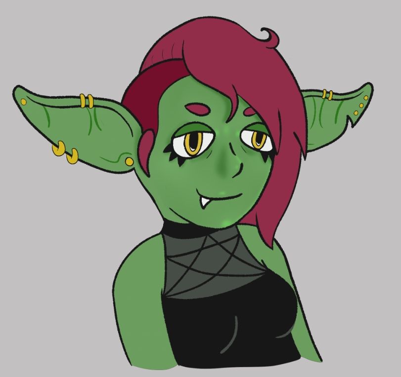 Goth goblin girl with piercings and red-ish hair