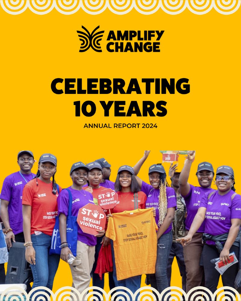 Celebrating 10 Years: Annual Report 2024. A group of people stand posing for the camera in bright coloured clothes.