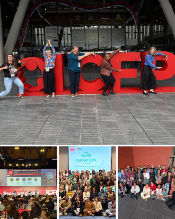 A collage of photos of people at a conference