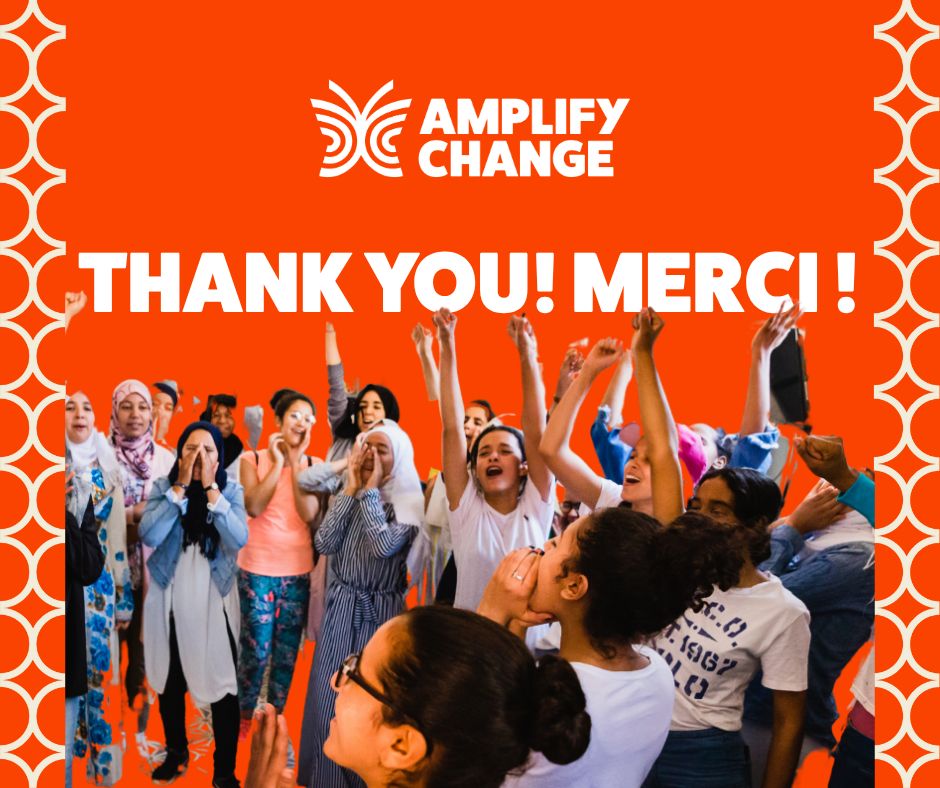 A group of young women cheering with the text 'Thank You/Merci'