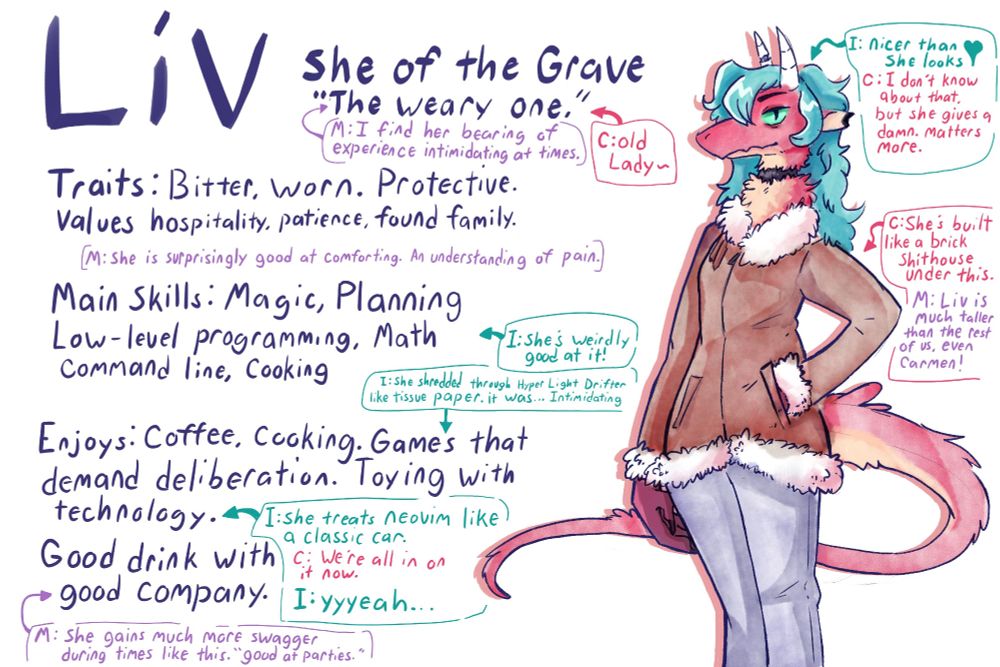 Liv's profile:
Another profile image, same layout.

Profile Text.
header: Liv, she of the grave, "the weary one"
Traits: Bitter, worn. Protective. Values hospitality, patience, found family. (Mordred's note at section end: She is surprisingly good at comforting. An understanding of pain.)
Main Skills: Magic, Planning, Low-level programming, Math (Isadora's note: She's weirdly good at it!), Command Line, Cooking. 
Enjoys: Coffee, cooking. Games that demand deliberation, (Isadora's note: She shredded through hyper light drifter like tissue paper. It was... intimidating.) toying with technology. 
(A short conversation in the annotations, between Isadora and Carmen:
Isadora says, "She treats neovim like a classic car.
Carmen says, "We're all in on it now.
Isadora says, "yeah" in a drawn-out way.) 
Good drink, and good company. (Modred's note: She gains much more swagger at times like this. "good at parties.")

Liv Description.
Liv has a regal bearing about her, her head is held high, but she's relaxed. One claw in her pocket, the other hanging loosely at her side. She is a deep and dark red, with a pale orange underbelly. She had long and wild green hair, and intense emerald eyes. Her tail is very long, and similarly fluffy.

She's extremely fluffy, especially around the neck. Her fur abruptly cuts off halfway down her neck, revealing pitch-black flesh that might be scarring of some kind. 

She's wearing a bomber jacket with a fluffy collar and sleeves, as well as a set of well-fitted jeans.

There are a few notes from other members of the system.
Isadora, pointing to her head: "Nicer than she looks." (capped off with a drawing of a heart.)
Carmen, replying: "I don't know about that. But she gives a damn. Matters more to me."
Carmen, pointing at her bicep: "She's built like a brick shithouse under this."
Mordred, replying: "Liv is much taller than the rest of us, even Carmen!"
