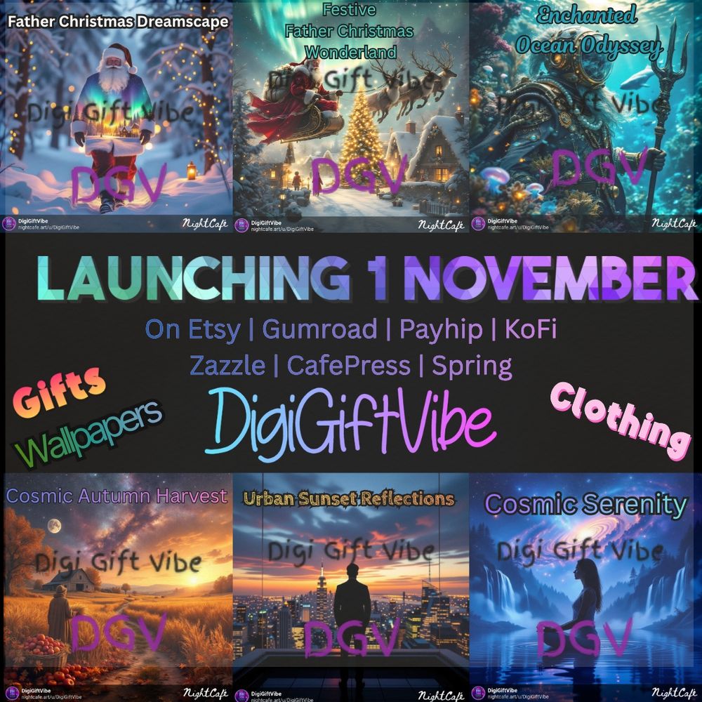 New Launch 1 November 2025!!
Set of 6 Mobile Wallpapers and various Gift and Clothing and Home on
#Etsy #zazzle #cafepress #spring #gumroaad #KoFi #Payhip
1] Cosmic Autumn Harvest 2] Enchanted Ocean Odyssey 3] Cosmic Serenity 4] Father Christmas Dreamscape 5] Urban Sunset City Skyline Reflections 6] Festive Father Christmas Winter Wonderland
Blog on https://digigiftvibe.com