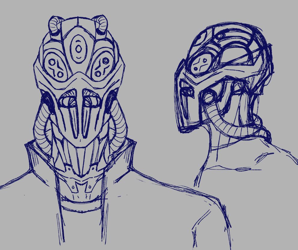 A front facing and profile sketch of a man with a robotic head joined by a seam at the neck, with five small cameras for eyes, and four tubes leading from his head to his back