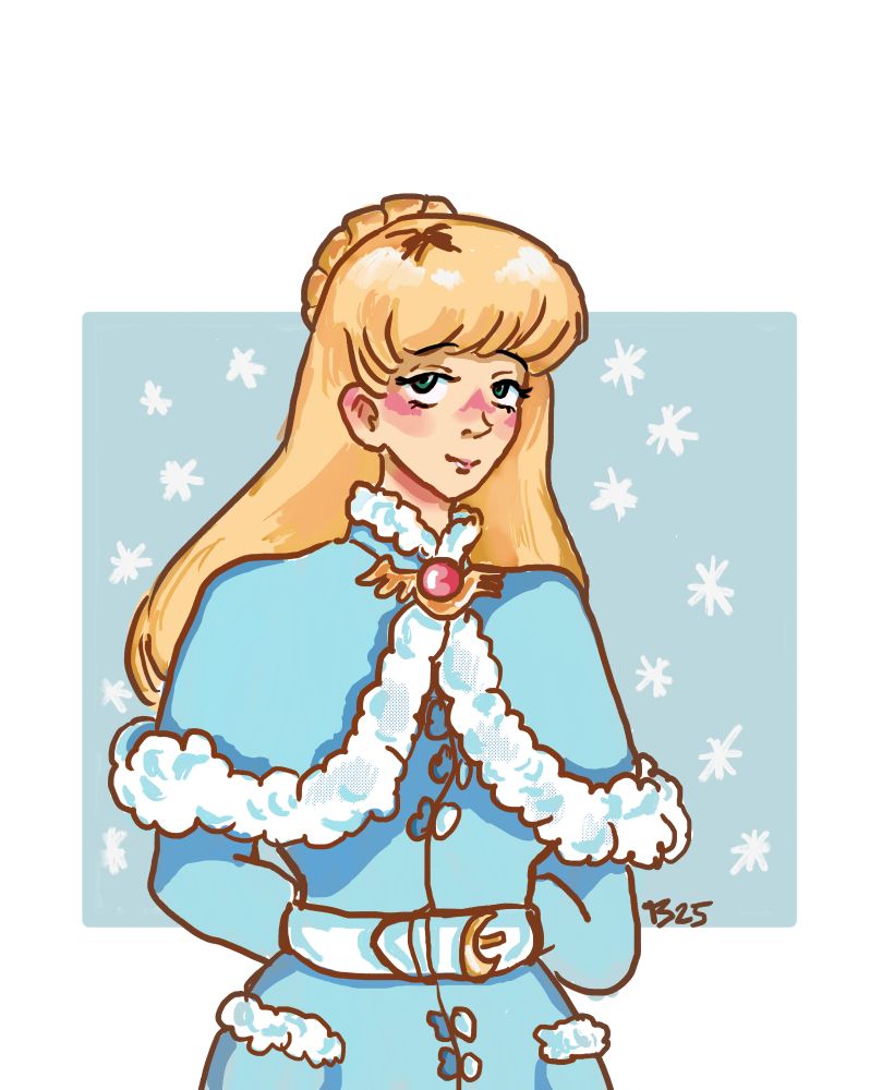 Digital drawing of Celine from Fields of Mistria in her winter outfit, posing with her hands behind her back