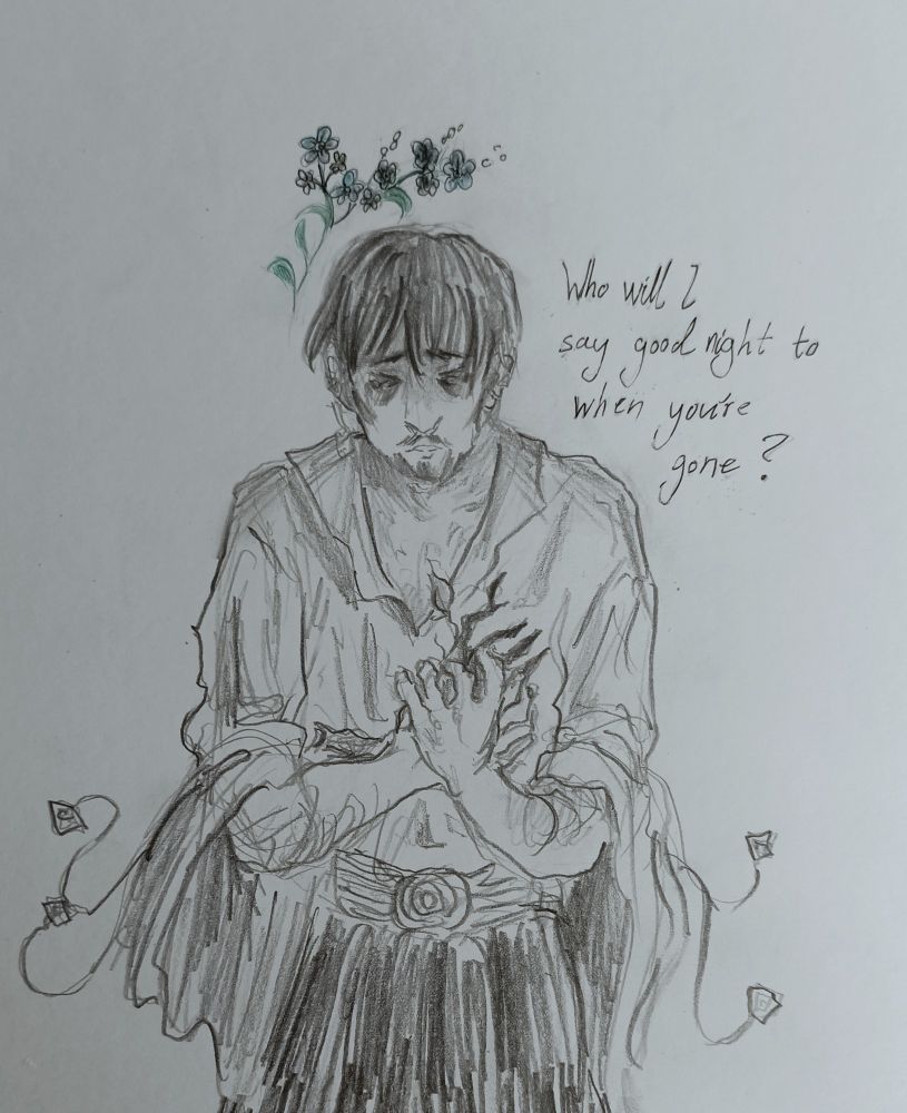 Olruggio holding a blackened silverwood branch resembling a hand. Forget-me-nots are above him and text next to him that reads: Who will I say goodnight to when you're gone?