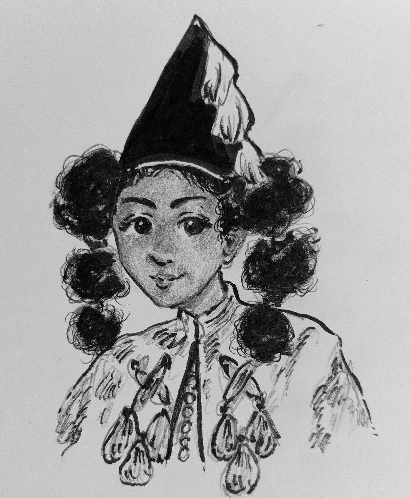 Black ink and graphite portrait of Jujy smiling in her apprentice attire.