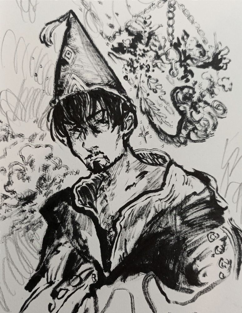 Black brush ink pen sketch of Olruggio in a portrait style in his cape and pointed hat. In the background are clouds and plants hanging from chains.