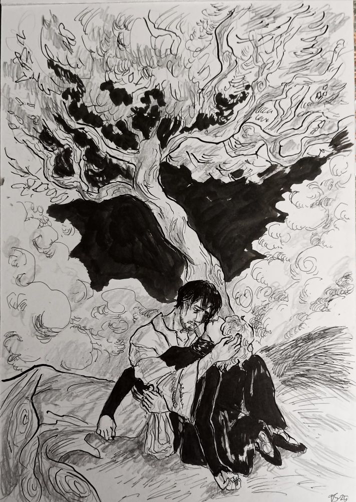 Black and white ink/graphite drawing of Olruggio and Qifrey outside. Olruggio is holding Qifrey and crying. A tree looms in the background. 