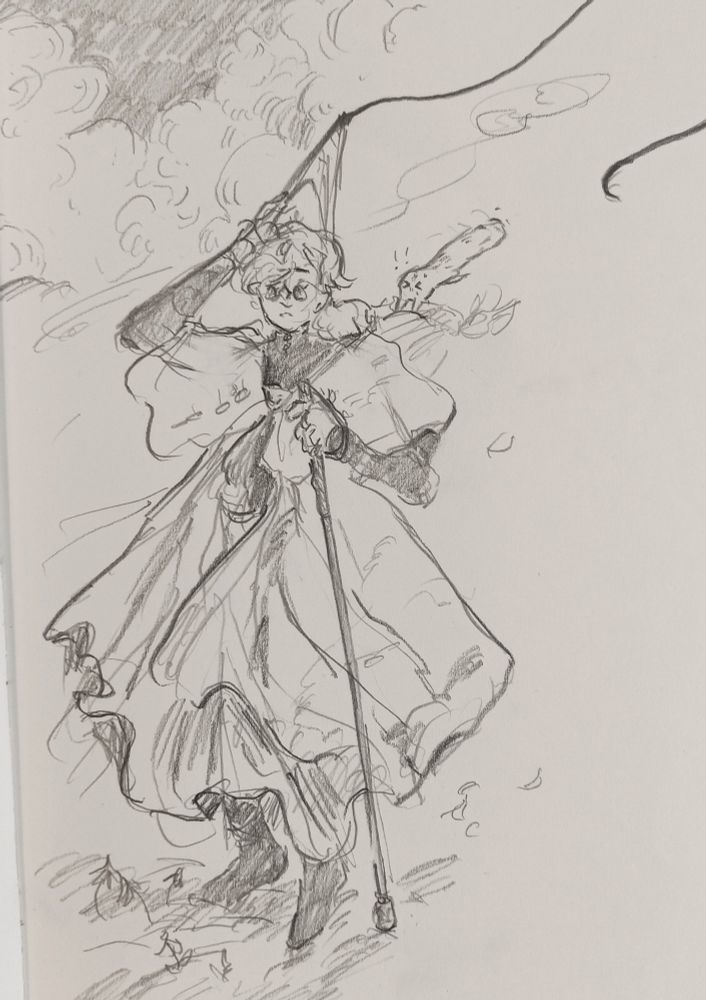 Graphite sketch of Qifrey outside on a windy day with clouds in the background. He has a ponytail and is holding onto his cap with the right hand, and onto a cane similar to a white cane in his right. Brushbuddy is holding onto dear life (Qifrey's hood) while almost being swept away by the wind. End ID