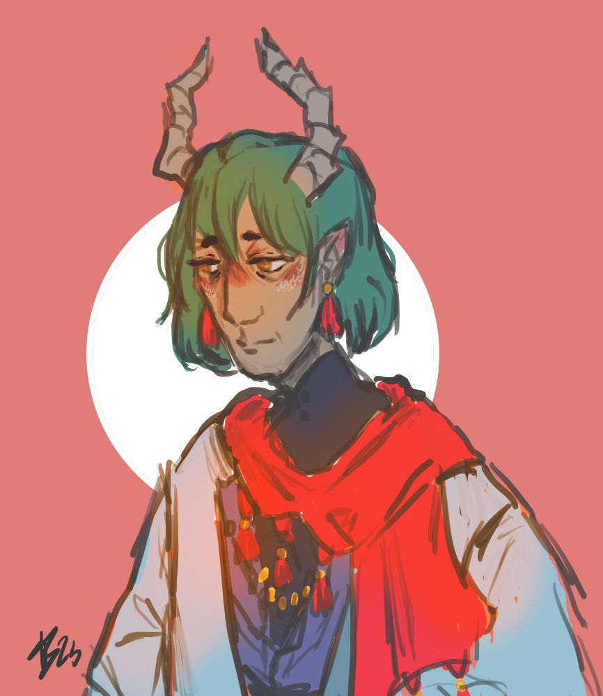 Colored digital sketch of Caldarus from Fields of Mistria, with shorter hair in his spring outfit