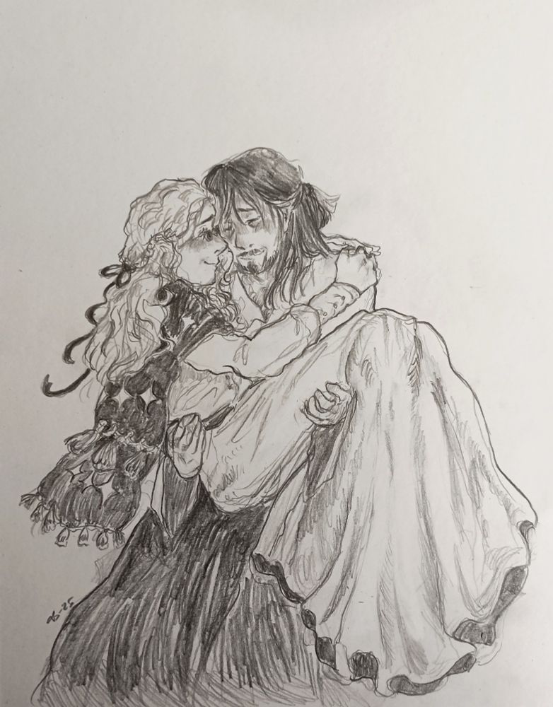 Olruggio holding Qifrey in his arms. They both are slightly older and have long hair. 