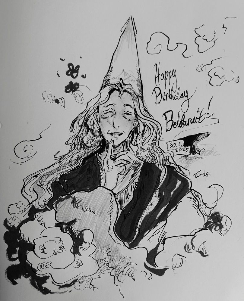 Black and white portrait illustration of Beldaruit, made with black ink on paper. He's wearing his cap and cloak and his expression is happy. Style is loose and sketchy with smoke motifs. Text on the right says "Happy Birthday Beldaruit! 30.1.2025"