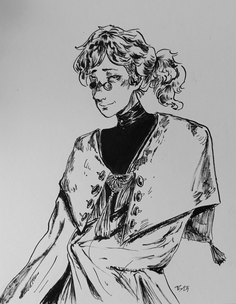 Ink drawing of Qifrey with a ponytail in his signature cloak and turtleneck.