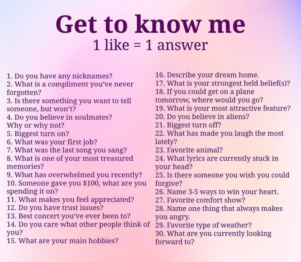Heading says Get to know me. 1 like = 1 answer.
A numbered series of 30 questions set against a light pink and purple gradient background.
