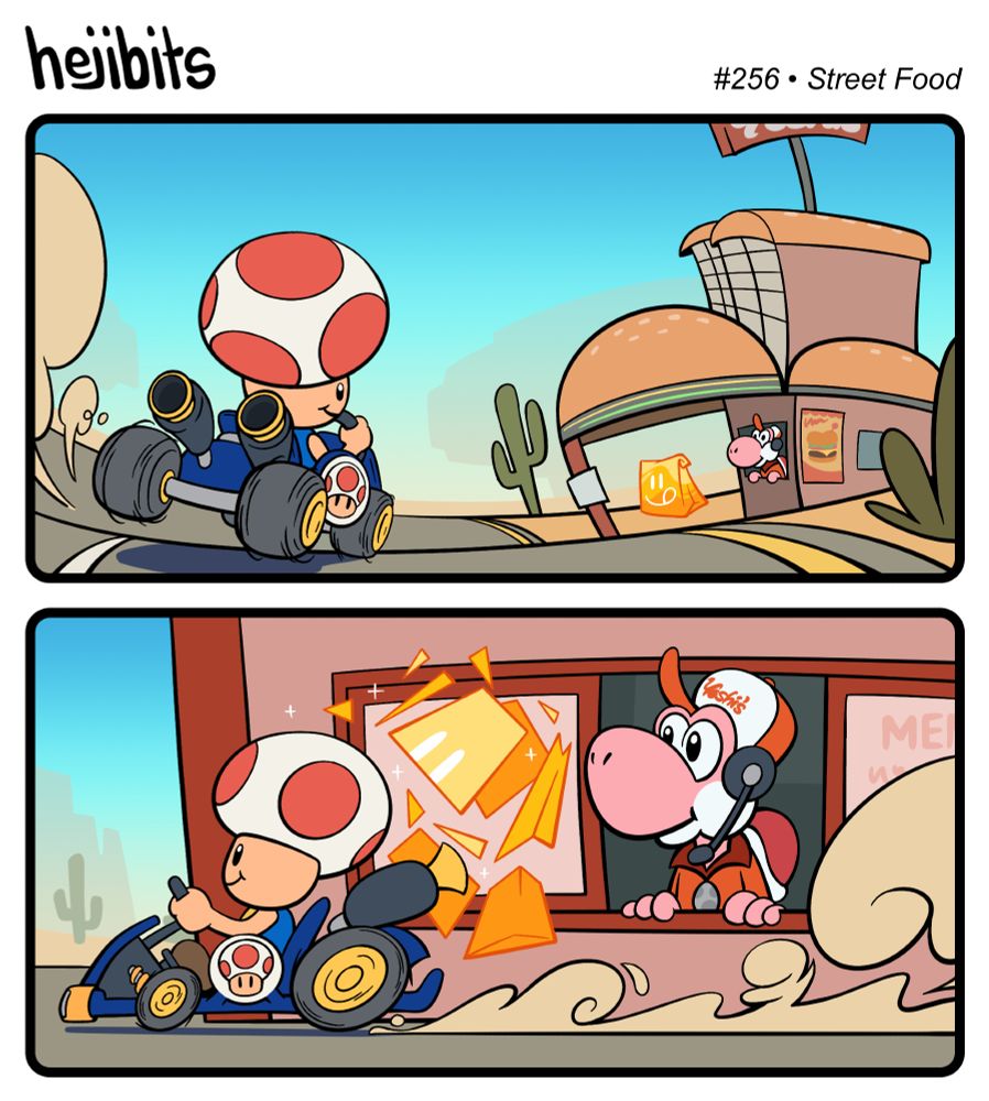 Panel 1: In a cartoon scene from Mario Kart World, Toad is driving a blue standard kart toward a Yoshi's hamburger restaurant, which has a Dash Food bag floating inside a drive thru
Panel 2: Zooming in on the drive thru window, Toad zips from right to left, kicking up a trail of dust. A pink Yoshi clerk watches Toad as he passes by