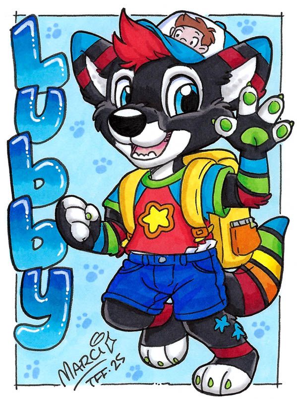 Babyfur / Kidfur badge artwork of my boy done by Marci McAdam.  He's part dog, part otter, with some cat mixed in there.  He's largely black and white, wearing a bright kidcore outfit that matches his red hair and blue eyes, which matches his red-and-blue striped ears, which matches similar stripes and tufts on his body.  He's smiling and waving while walking with his yellow backpack, all of which causes a telltale diaper to ride up from his shorts.

His otter-like tail is ringed with a rainbow of stripes.

He's wearing something similar to an ABUniverse PeekABU hat, except instead of a furry character peeking on the hat, it's a human-looking anime-like character peeking similarly.

--

Sadly, Marci doesn't have neons/UV-reactive markers, so I just asked her to go with whatever works, and she did an amazing job on this playful little boyo <3.