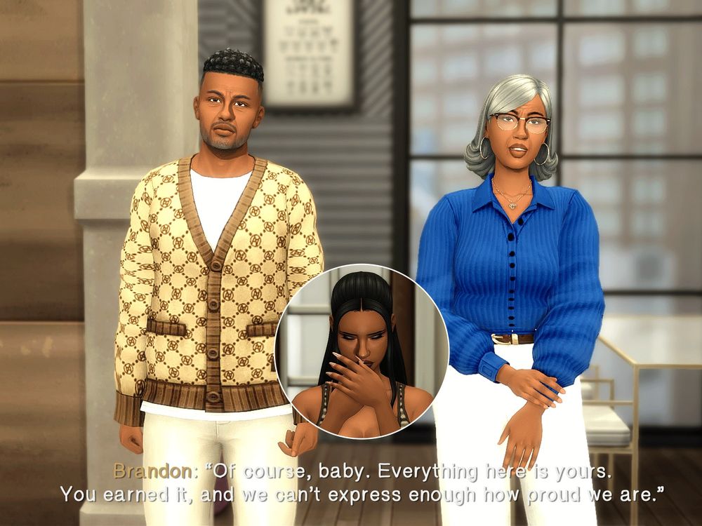 Brandon (L) and Samantha Haynes-Jones (R) in the living room/dining room area, looking back at their daughter. A photo of Nadia in a little circle separates the two, showing Nadia getting emotional.

Brandon: "Of course, baby. Everything here is yours. You earned it, and we can't express enough how proud we are."