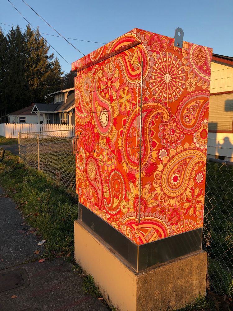 The front and right side of a traffic utility box featuring Mark Minlux’s art “Tacoma Paisley.”