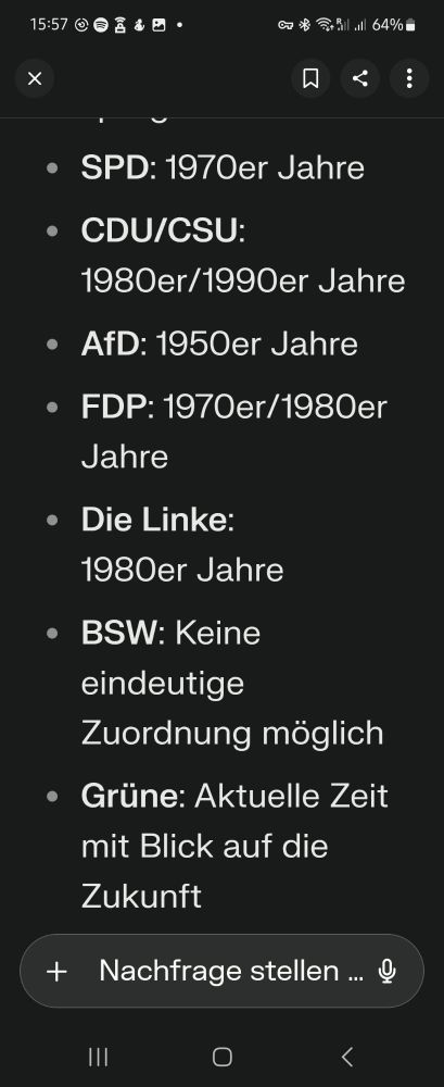 Perplexity gefragt: Wenn man die im Bundestag vertretenen Parteien mit ihren aktuellen politischen Programmen einer Jahreszahl zuordnen müsste, welche Jahreszahl hätte welche Partei? Bitte nur Partei und Jahreszahl angeben.