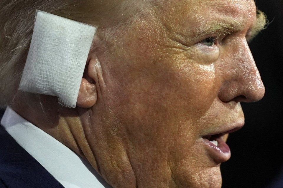 Trump's ear bandage at RNC 2024. (Would that they'd duct taped it to his mouth instead.)