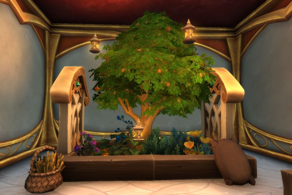 The first third of the lab, a small indoor garden playing host to delicate plants that spoil quickly upon harvest. The garden is set in a planterbox with a pair of trellises on either side, and flanked by several solar lamps.