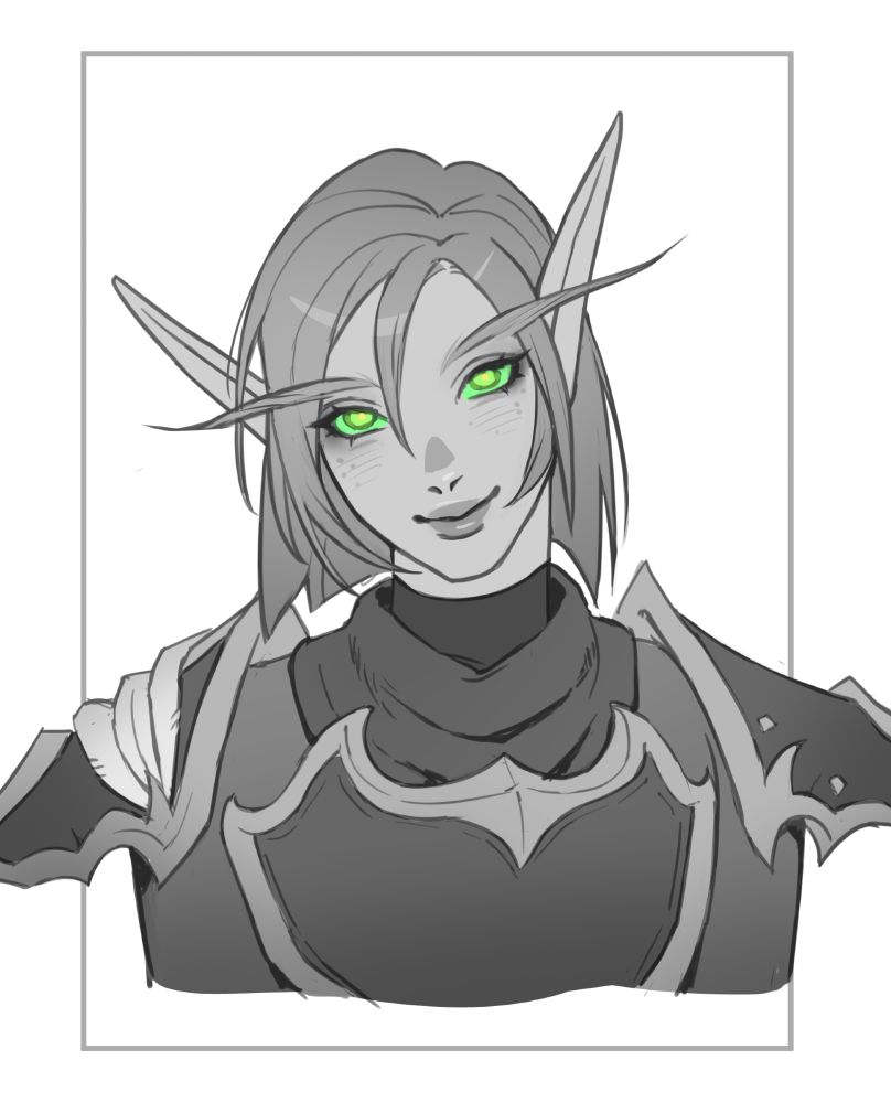 A bust sketch of Ryneli Autumntide, Blood Knight. Her color palette has been completely washed out, save for her green eyes.