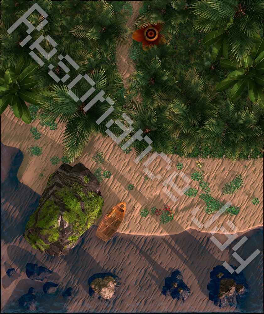Tabletop RPG Map of a beach at sunrise with a little rowboat nestled against a large rock jutting out over the water. An obscured path leads into the dense jungle from here. 