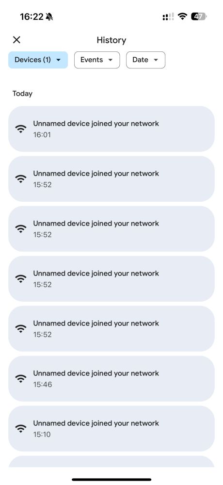 Screen recording of Google Home app notifications - "Unnamed device joined your network" over and over and over