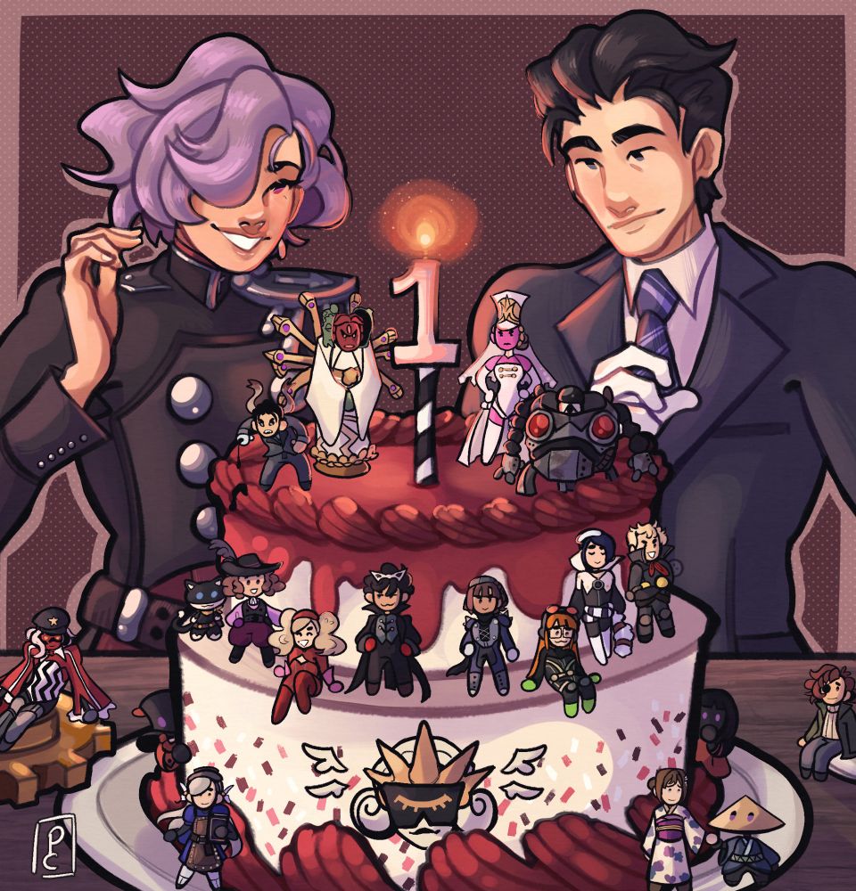A large anniversary drawing of Persona 5 Tactica. Erina (left) and Toshiro (right) are staring happily at a large cake in the center of the frame. It's lit with a birthday candle that says "1." All over the cake are little chibis of the characters from the game. 
(TOP: Shadow Toshiro, Yoshiki, Marie, Robot Nakabachi
MIDDLE: Mona, Noir, Panther, Joker, Queen, Oracle, Fox, Skull)
BOTTOM: Ernesto, Hat Guy, Lavenza, Salmael, Yuki, Two Hat Guys, Eri Natsuhara)
